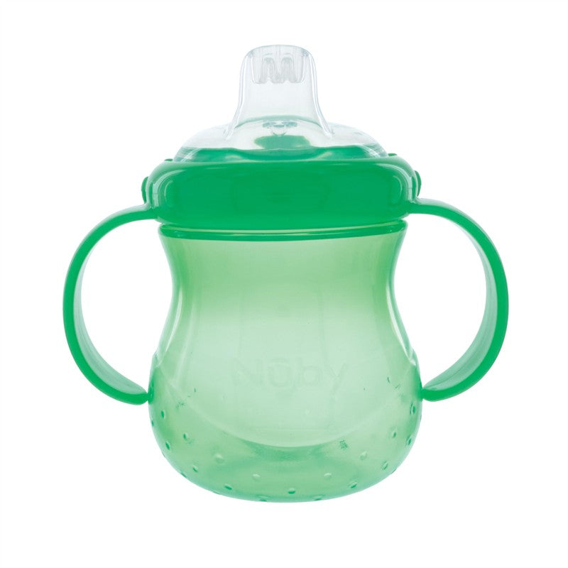 Nuby No-Spill Cup with 2 Handles, 10 oz, featuring a transparent green design and a soft spout for easy drinking.