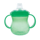 Nuby No-Spill Cup with 2 Handles, 10 oz, featuring a transparent green design and a soft spout for easy drinking.