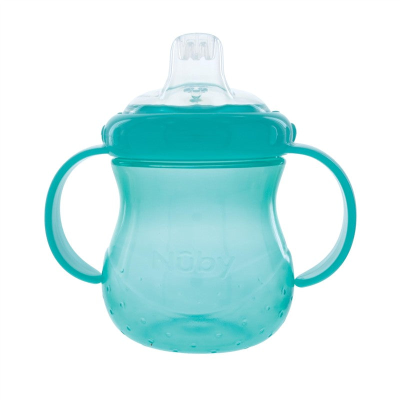 Nuby No-Spill Cup with 2 handles, 10 oz, in teal color featuring a transparent lid and textured grip surface.