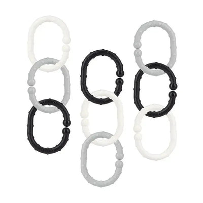 Nuby 18Pk Linkables teething toys in black, grey, and white featuring textured links for baby teething.