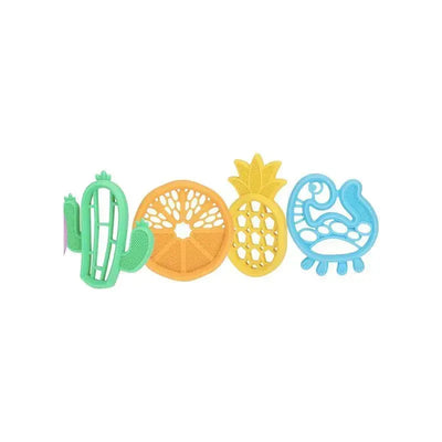 Four colorful silicone teethers shaped like a cactus, orange slice, pineapple, and a fish, designed for infants.