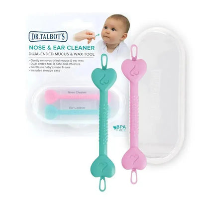 Dual-ended baby nose and ear cleaner tools in pink and green, packaged with a storage case, labeled as BPA-free.