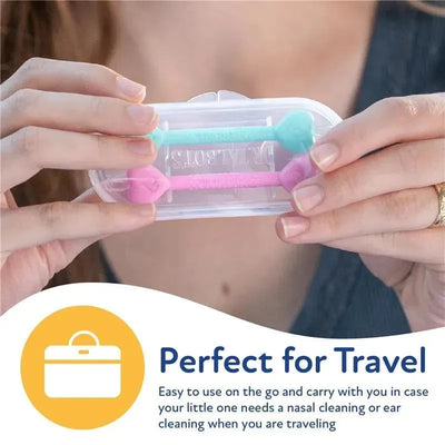 Nuby 2Pk Baby Ear and Nose Cleaner with travel case; includes pink and blue cleaning tools. Perfect for on-the-go use.