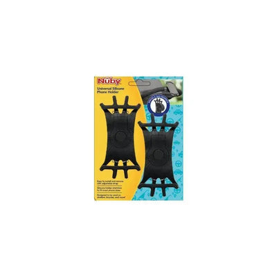 Nuby 2Pk Silicone Phone Holder, featuring two black silicone holders designed for attaching phones to various surfaces.