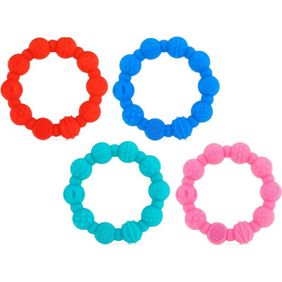 Nuby Silicone Ring Teether 2 Pack in assorted colors features four textured rings: red, blue, turquoise, and pink.