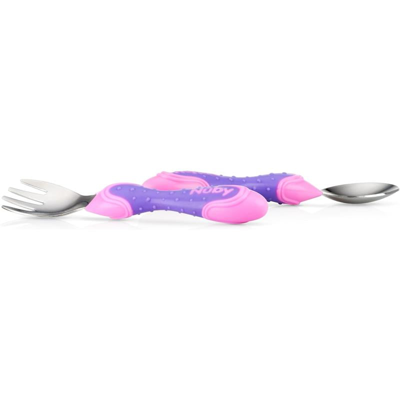Nuby 2Pk Stainless Steel Utensil, Pink/Purple Image 4
