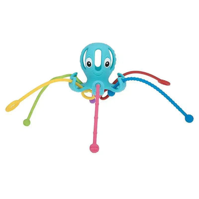 Colorful silicone octopus toy featuring pull strings and a smiling face, designed for interactive play.