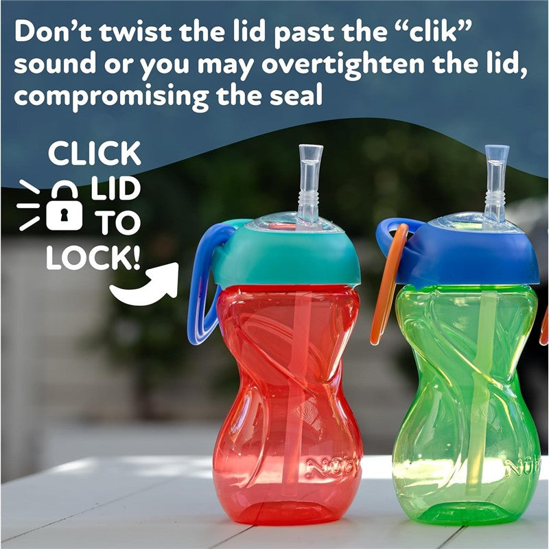 Nuby Clik-It Flexi Straw Cups, 10 oz, 3-pack in boy colors; features clickable lids and flexible straws for easy drinking.