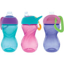 Three Nuby Clik-It Soft Spout Cups for girls in turquoise, pink, and purple, each featuring a carabiner.
