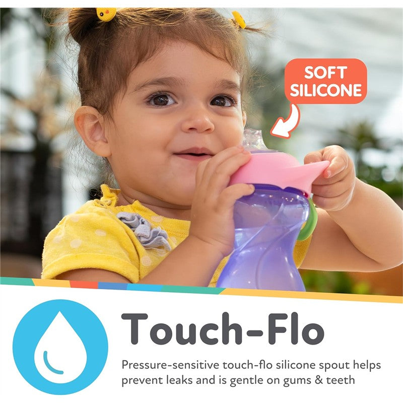 Nuby Clik-It Soft Spout Cup, 10 oz, held by a smiling toddler in a yellow shirt; features soft silicone spout for leak prevention.