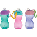 Nuby Clik-It Soft Spout Cups, 10 oz, 3-pack in girl colors: teal, pink, and lavender with carabiners on lids.
