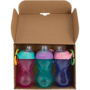 Three Nuby Clik-It Soft Spout Cups in assorted girl colors, packaged in a box with a carabiner attached to the handles.