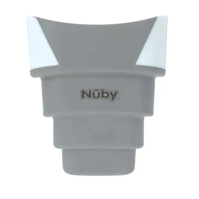 Collapsible white and gray bath rinse pail by Nuby, featuring a curved spout and the Nuby logo on the front.