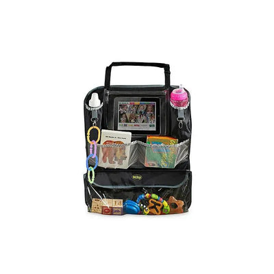 Deluxe back seat organizer by Nuby with storage for toys, snacks, and an iPad, featuring multiple pockets and a stylish design.