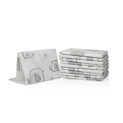 Neutral disposable changing pads featuring a light elephant design, stacked with a display fold in front.