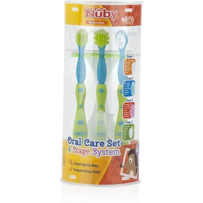 Nuby Dr Talbots 4 Pc Tooth & Gum Care Set in aqua and green, featuring four toothbrushes for different stages of oral care.