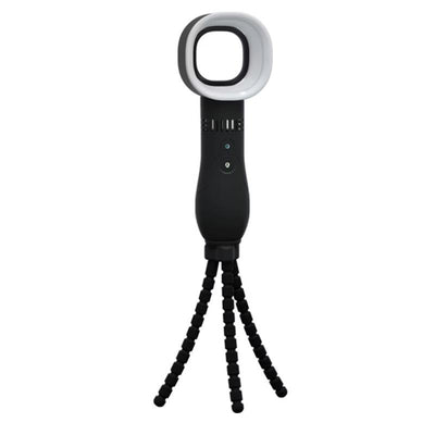 Bladeless fan with LED lights featuring a flexible base, three-speed settings, and a sleek black design.