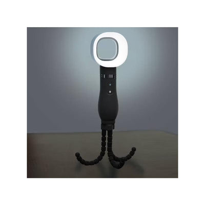 Bladeless fan with LED lights, three-speed settings, and flexible legs for positioning.