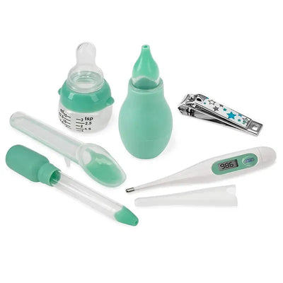 Medical organizer set featuring a digital thermometer, nasal aspirator, medicine dropper, bottle, and nail clippers, all in teal and white.