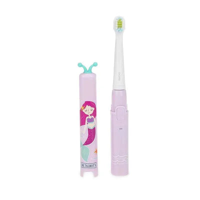Sonic electric toothbrush for toddlers featuring a mermaid design, includes a charging base and a colorful brush head.