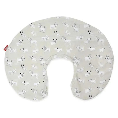 Nuby Dr. Talbots nursing pillow cover featuring a light gray background with various cartoon dogs.