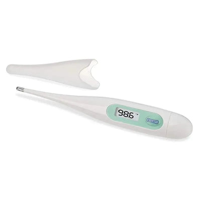 Nuby Dr Talbots Standard Thermometer displaying a reading of 98.6°F with a protective cover beside it.