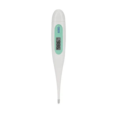 Nuby Dr Talbots Standard Thermometer with digital display reading 98.6°F, featuring a white body and green accents.