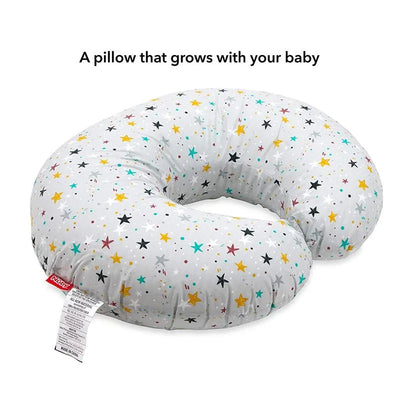 Nuby Dr Talbots star print nursing pillow featuring gray fabric with colorful star patterns, designed to support nursing.