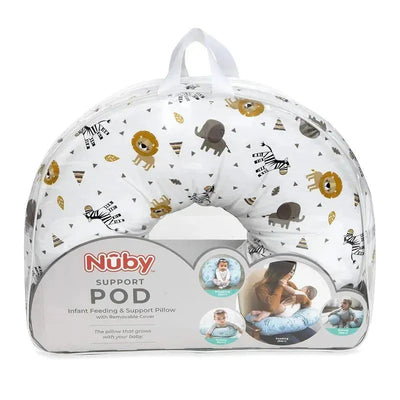Nuby Support Pod nursing pillow featuring a Zoo Animals design, ideal for infant feeding and support.