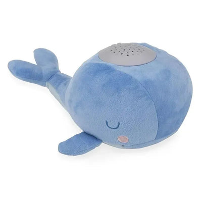 Soft blue whale plush night light by Nuby, featuring a smiling face and a star-patterned light projection feature.
