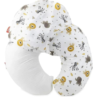 Nuby Dr Talbots zoo animal print nursing pillow cover set featuring lions, zebras, and elephants on a white background.