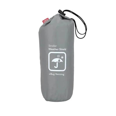 Gray pouch containing the Nuby Eco Stroller Weather Shield & Insect Netting Set, with white text and icons indicating its features.