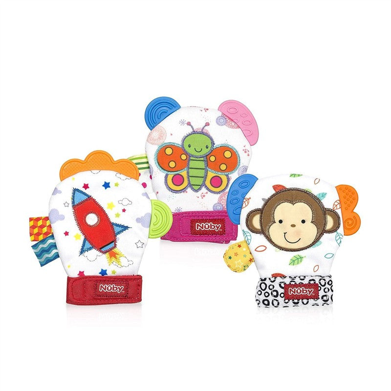 Teething mittens featuring a rocket, butterfly, and monkey design with colorful textures and patterns.