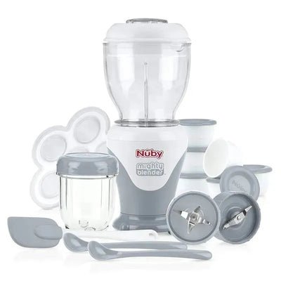 Nuby Garden Fresh Mighty Blender in cool gray, with blending jar, storage containers, spoons, and spatula.
