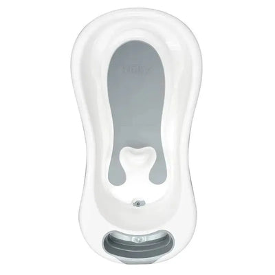 Gray baby bathtub featuring a smooth white exterior and soft EVA foam lining for comfort during bath time.