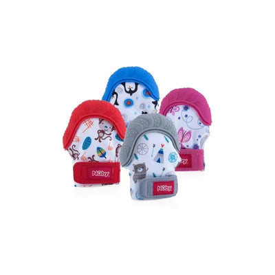 Nuby Happy Hands Teething Mittens in assorted colors, featuring playful patterns and adjustable straps.
