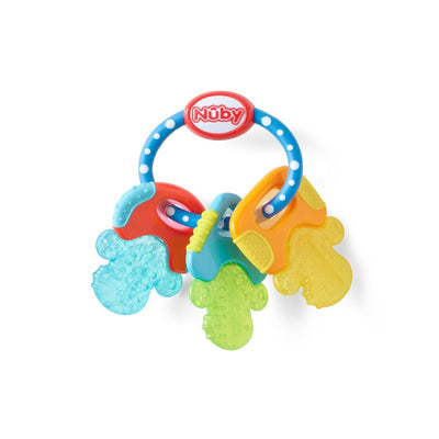 Nuby Ice Gel Teether Keys in neutral colors, featuring four colorful keys with textured surfaces for soothing teething babies.