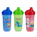 Nuby Insulated No-Spill Easy Sip Cups 3-Pack for boys, featuring blue monkey, green dinosaur, and red robot designs, 9 oz each.