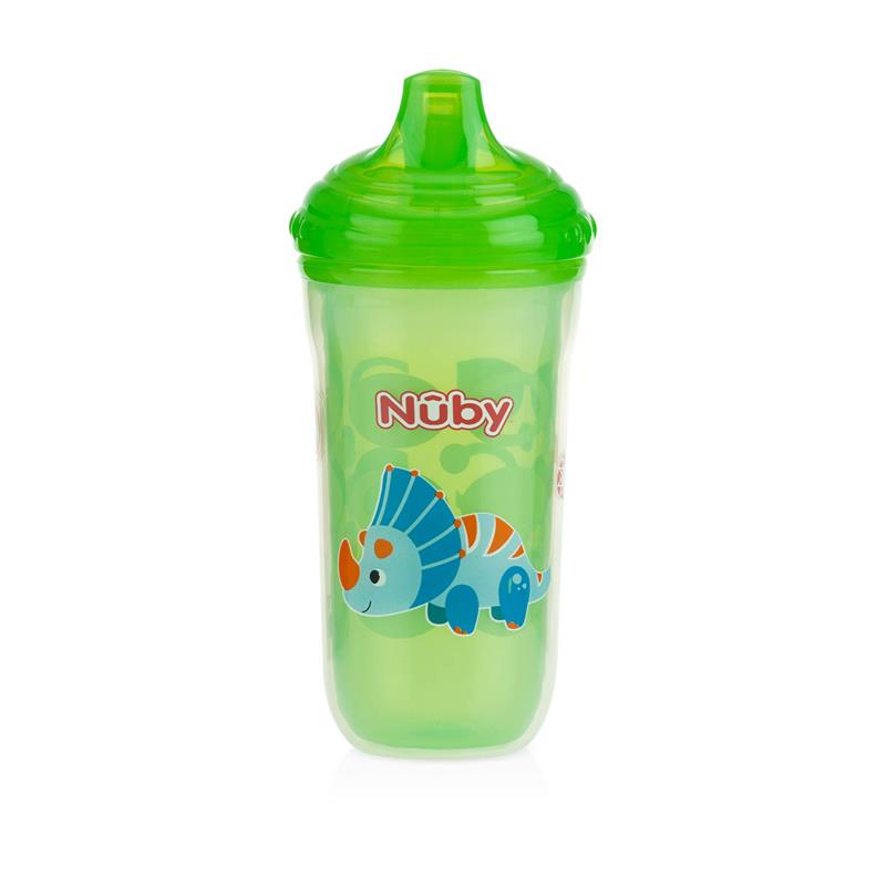 Nuby Insulated No-Spill Easy Sip Cup in green, featuring a blue dinosaur design and a spill-proof lid, holds 9 oz.