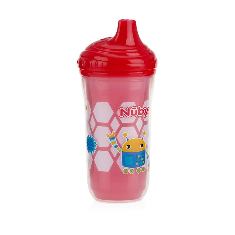 Nuby Insulated No-Spill Easy Sip Cup in pink featuring a robot design, 9 oz capacity, ideal for toddlers.