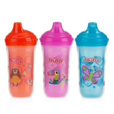 Three Nuby insulated no-spill easy sip cups (9 oz) for girls, featuring colorful animal and butterfly designs.