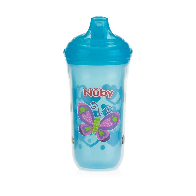 Insulated no-spill cup from Nuby, 9 oz, with a blue lid and a butterfly design, suitable for young children.