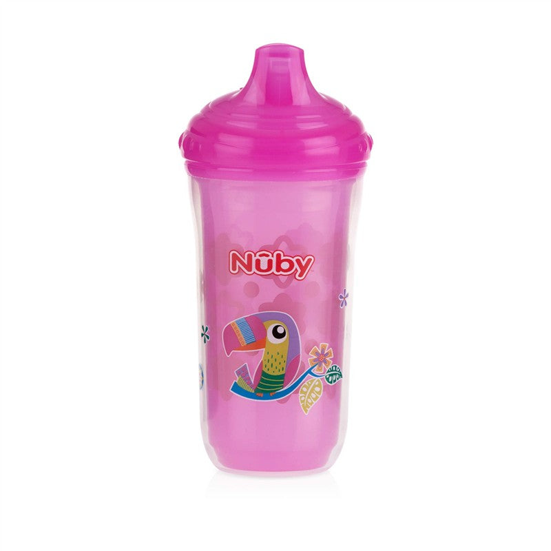 Nuby Insulated No-Spill Easy Sip Cup, 9 oz, pink with a toucan design and flowers, ideal for toddlers.