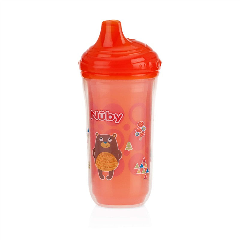 Nuby Insulated No-Spill Easy Sip Cup for girls, 9 oz, featuring a bear design and a bright orange lid.