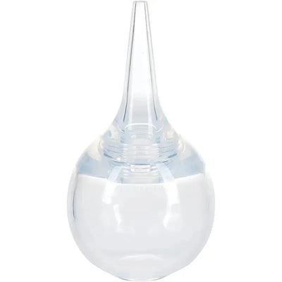 Large bulb nasal aspirator with a tapered nozzle and transparent spherical body, includes a hygienic case.