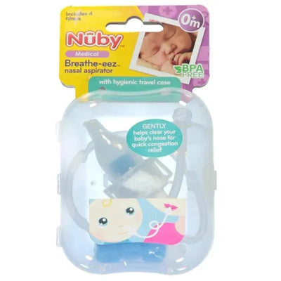 Nuby Breathe-eez nasal aspirator in a clear travel case, features text highlighting gentle nasal congestion relief for babies.