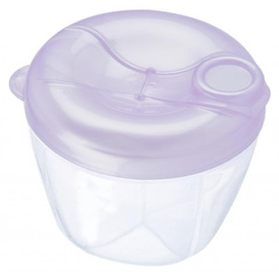 Nuby Natural Touch Formula Powder Dispenser with a purple lid, designed for convenient formula storage, colors may vary.