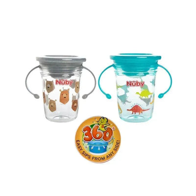 No Spill Tritan Wonder Cup by Nuby, featuring bear and dinosaur designs, with handles and a 360° sipping lid.