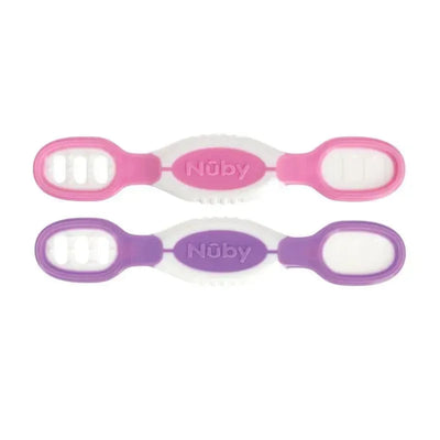 Nuby Dip & Scoop Spoons in pink and purple, designed for feeding toddlers, with textured grips.