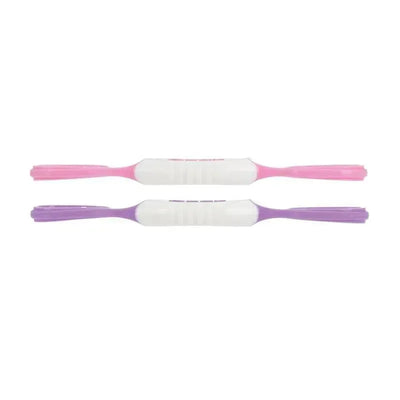 Two Nuby Dip & Scoop Spoons for girls, featuring pink and purple handles, designed for easy feeding.
